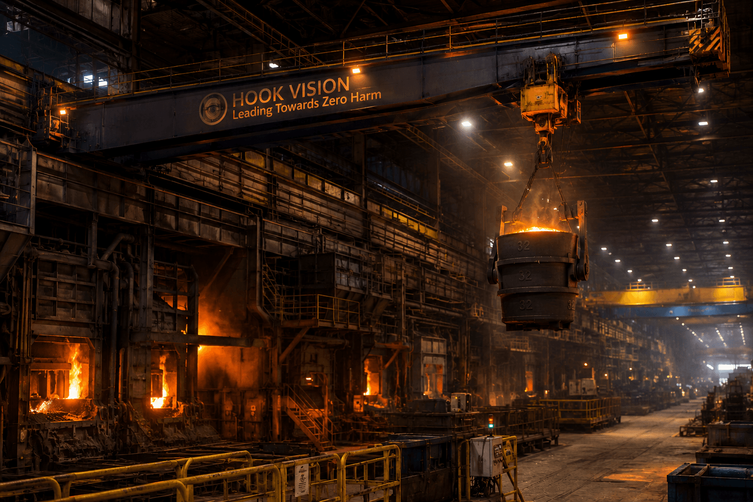 An overhead ladle crane in a steel meltshop carrying a glowing ladle, its bridge girder marked HookVision — Leading Towards Zero Harm.